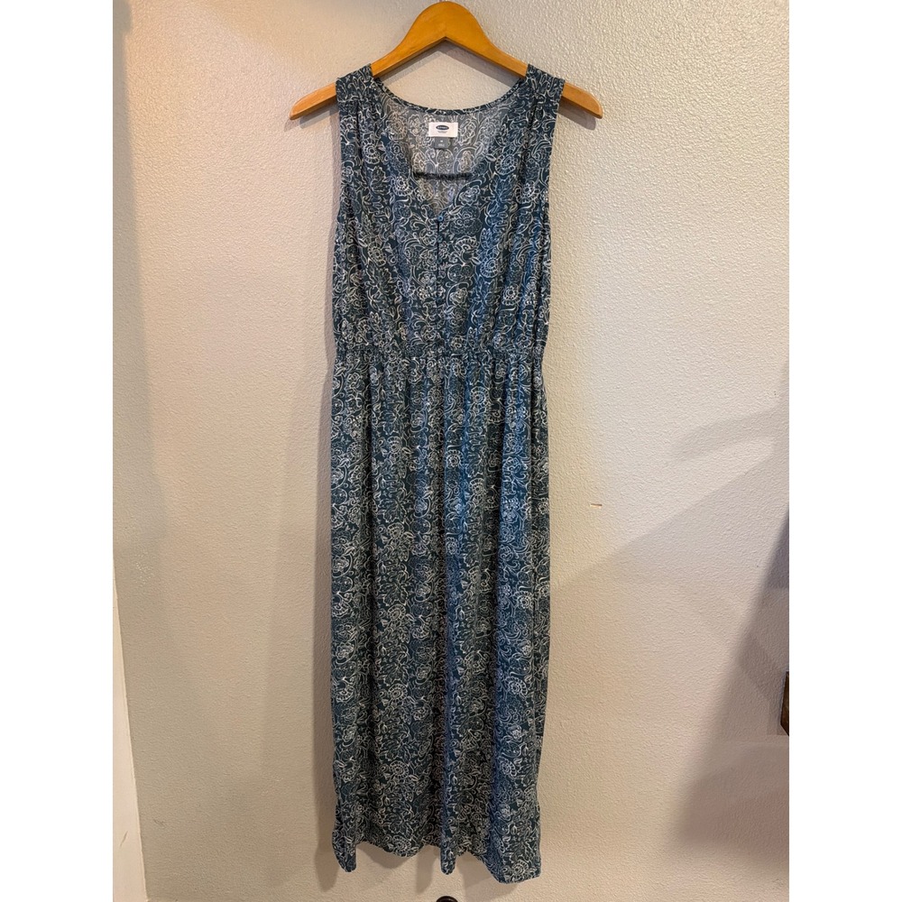 Old Navy Maxi Dress‎ Women Med Teal Blue Floral Paisley Boho V-Neck Vaca Spring
